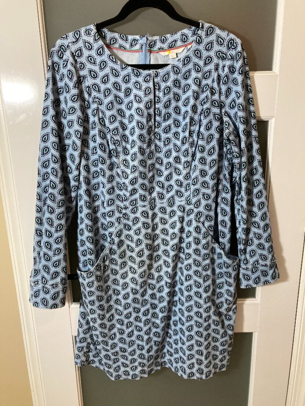 Boden Caroline Blue Corduroy Paisley Long Sleeve Dress - 10R